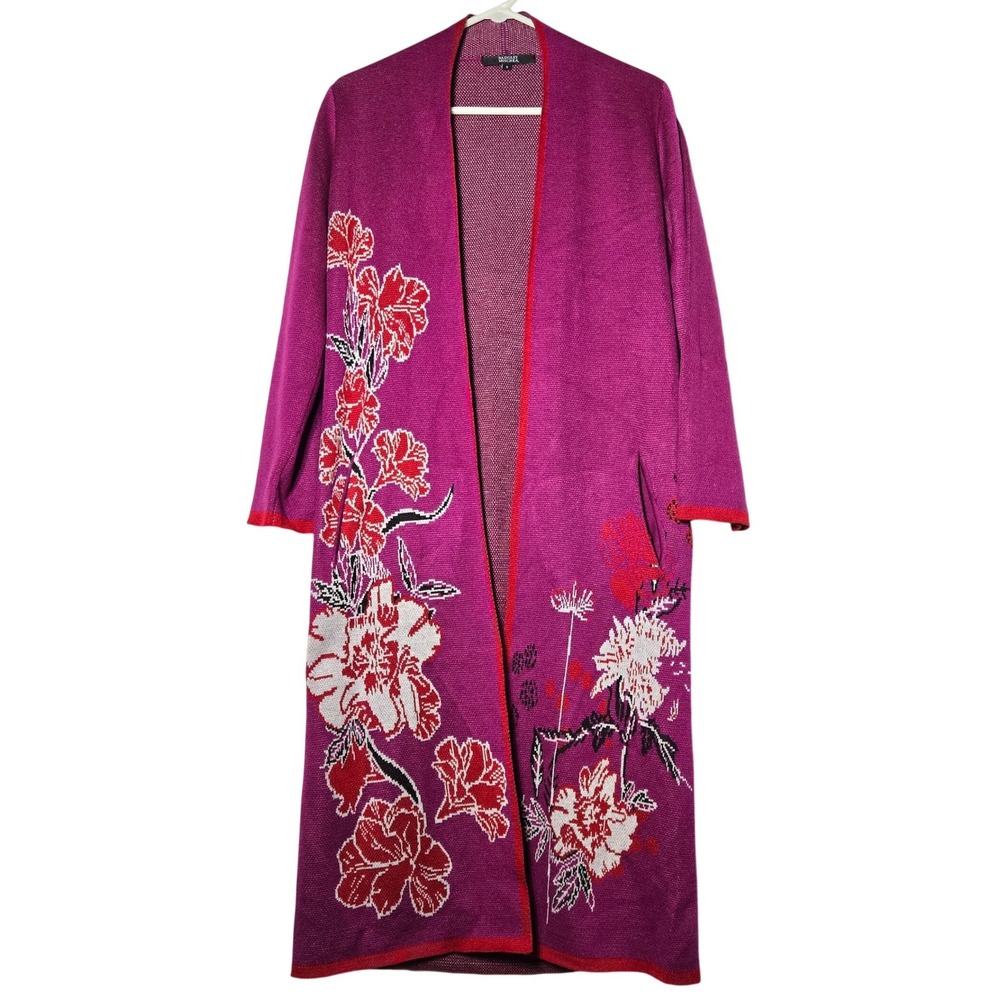 Badgley Mischka Wool Floral Jacquard Long Duster Cardigan Sweater Small Artsy